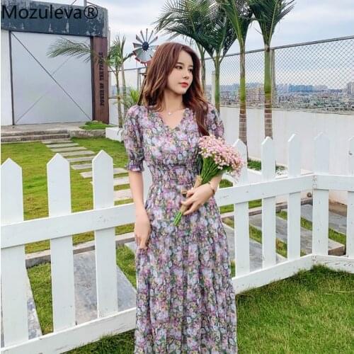 Mozuleva Colorful Flower Print Women Short-Sleeve Chiffon Dress Female V-neck Party Holiday Dress Bohe Vestidos 2020 Summer New