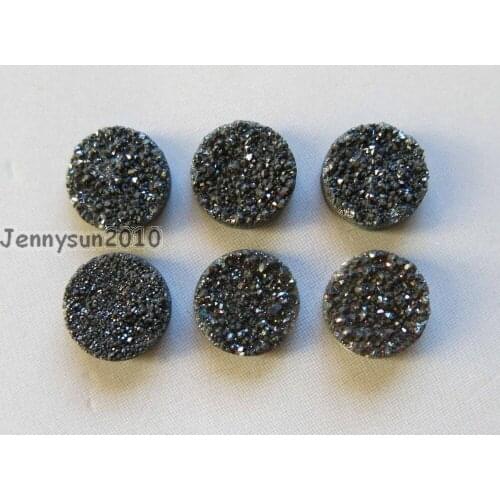 10mm Jet Black (No Hole) Druzy Quartz Ag-ate Flat Back Connector Round Cabochon Beads Jewelry 10 Pcs /Pack