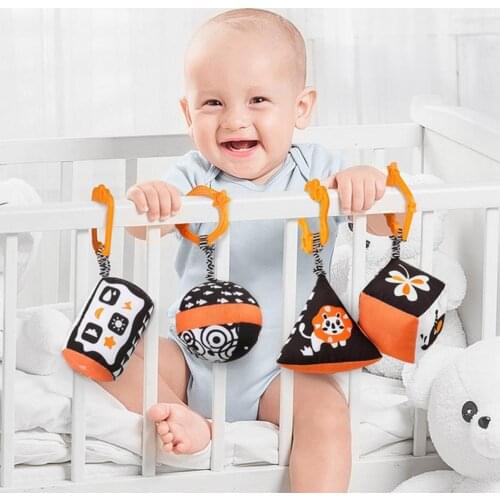4Pcs/Set Baby Toy Cartoon Pattern Visual Development Black White Plush Hanging Rattle Toy for Toddlers