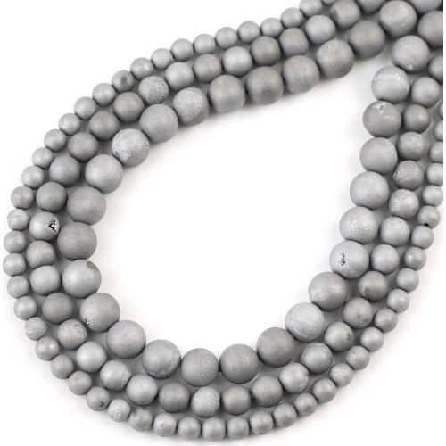 Natural Round Silvering Metallic Coated Geode Druzy Agates Stone loose Beads 6 8 10 mm For Jewelry Making DIY Necklace Bracelets