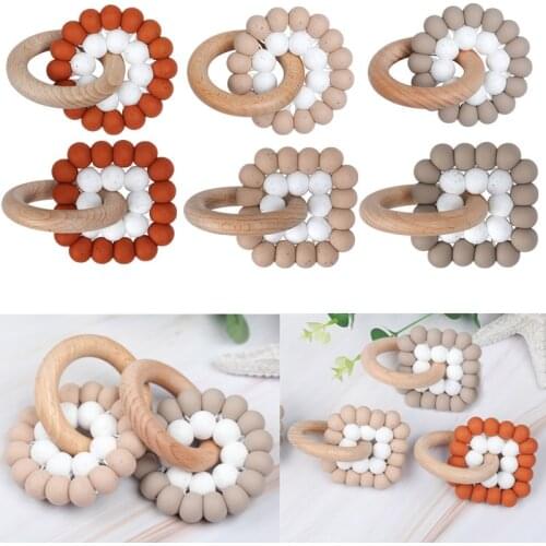 Baby Nursing Bracelets Silicone Teether Beech Wood Rattles Toys Baby Silicone Teether Bracelet Wooden Ring Rodent Molar Toys