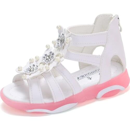 Kids Sandals For Girls 3-12 Years Children Gladiator Sandals Roman Shoes Cut-outs Butterflies With Pearls Princess Soft Sole New