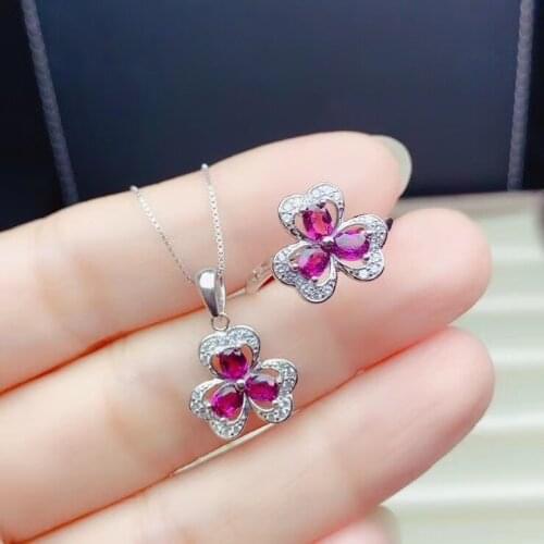 Fashion Silver Flower Jewelry Set for Young Girl 6 Pieces Natural Garnet Ring Pendant Set 925 Silver Garnet Jewelry