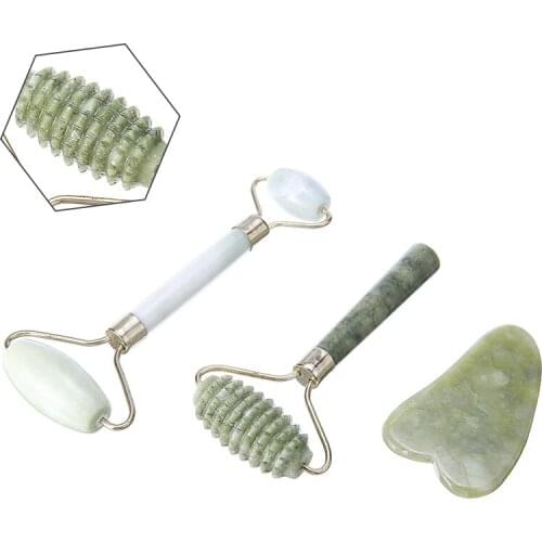 3pcs Natural Face Massager Guasha Board Facial Jade Stone Roller Set Face Slimming Lifting Tool For Head Neck Massage