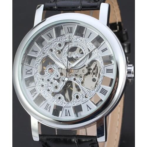 WINNER Silver Plated Wristwatches Mechanical Special Hollow Rome Dial Self Wind Leather Montre Automatic Casual Men Women Reloj