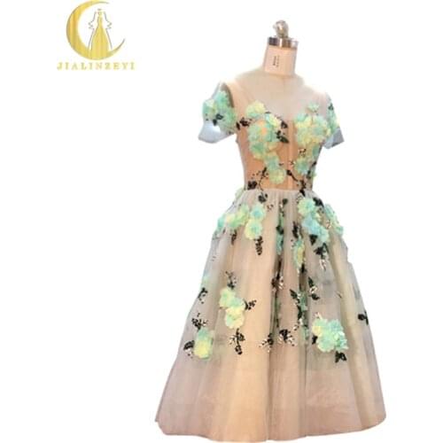 JIALINZEYI Real Lovely Short Sleeves Nude inside with Green and blue Flowers Formal Dresses Party Prom Dresses 2020