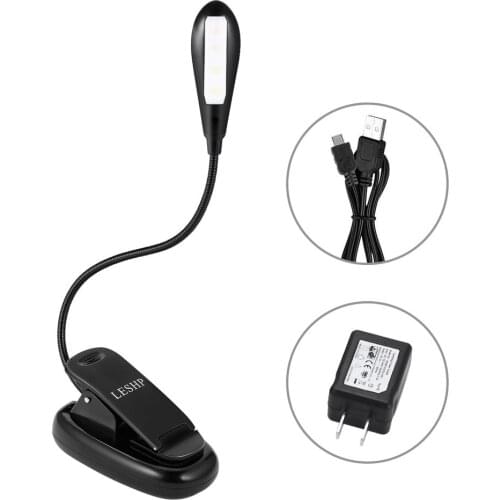 Leshp Rechargeable 4Led Book/Music Light Flexible Clip Table Lamp Dimmable Adjustable Goose Neck Built-In 1000Mah Battery