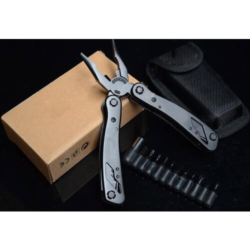 Portable Multi Functional Pocket Plier Tool Kit with Knife Wood Saw 11 Screw Bit and Socket Adapter Attachment for Camping