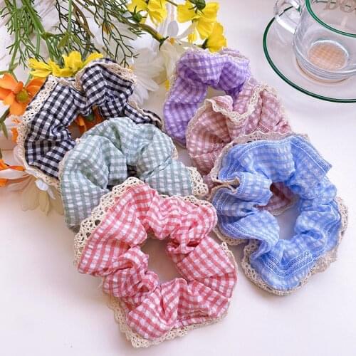 Womens Plaid Scrunchie Hair Circle Sweet Girl White Lace Candy Color Elastic Large Intestine Circle Cloth Head Rope Headdress