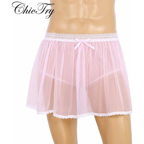 Sexy Male Mens Adults Lingerie Elastic Lace Waist See Through Sheer Ruffled Sissy Crossdress Short Mini Skirt Tulle Panties