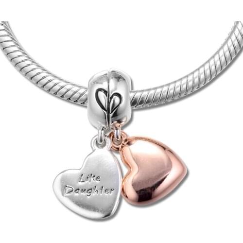 925 Sterling Silver Jewelry Mother & Daughter Love Heart Charms for Jewelry Making Rose Golden Family Pendant For Chain Bracelet