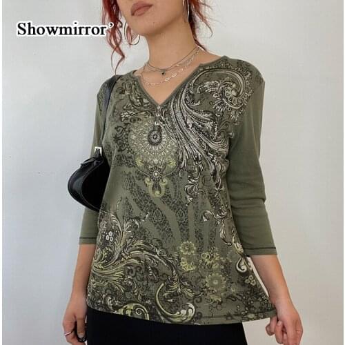 Showmirror G Retro tshirt Womens Autumn Tops Clothes Green Print Graphic T Shirts Fairycore Vintage Baby Tee Y2K T-shirt Tops