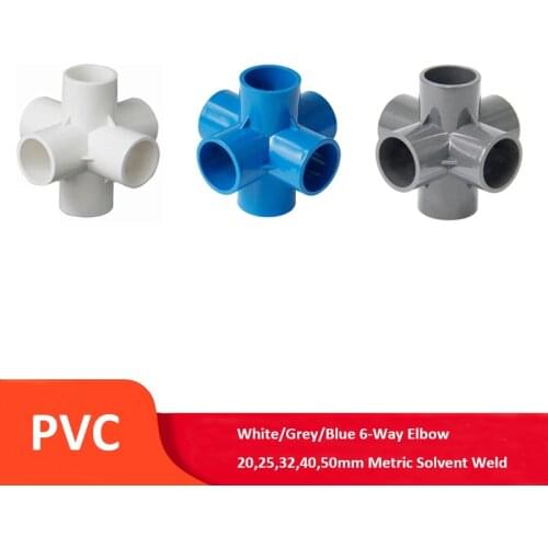 PVC 6-Way Elbow 20mm,25mm,32mm,40mm,50mm Metric Solvent Weld Pressure Pipe Fitting Pipe Connector Aquarium Pond Pool Garden DIY