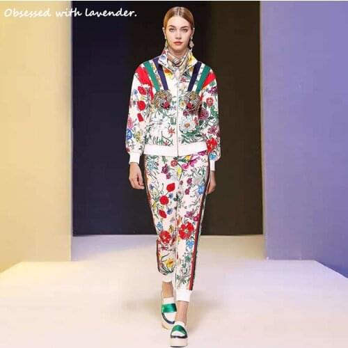 Spring and Autumn New Womens Heavy Industry Tiger Head Patch Color Matching Printing Letter Jacket Pants Set