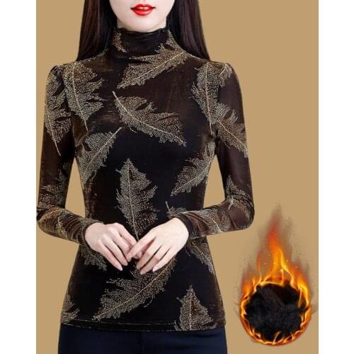 Women 2021 Autumn Winter Fashion Printed Lace Blouse Female Turtleneck Long Sleeve Elegant Shirt Ladies Casual Slim Tops X295