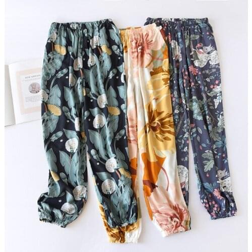 Fdfklak 2021 Womens Summer Long Pajama Pants Floral Printing Loose Female Elastic Waist Ladies Sleepwear Lounge Wear