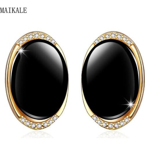 MAIKALE New Fashion Round Ceramic Stud Earrings Cubic Zirconia Gold Charm Earings for Women Korean Jewelry Luxury Gifts