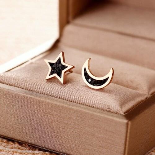 Korean Style Elegant Asymmetry Star Moon Stainless Steel Women Earrings Female Romantic Black Crystal Stud Earring Charm Jewelry