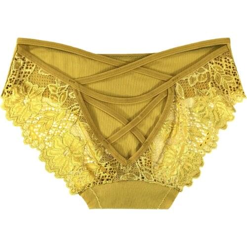 Womens briefs with thin ribbon cross hollowout ice silk sexy lace breathable comfortable high elastic waist 3251