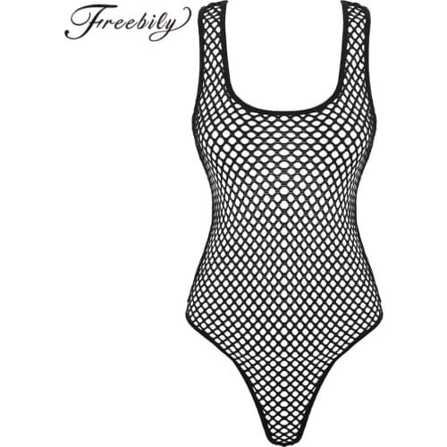 Women Hollow Out Fishnet Sexy One-piece Deep U Neck Sleeveless Hot One Piece High Cut Thong Leotard Bodysuit Female Beach Wear