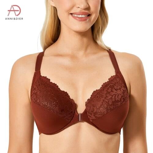 Womens Cotton Full Figure Plus Size Floral Lace Underwire Front Closeure Bra Racerback