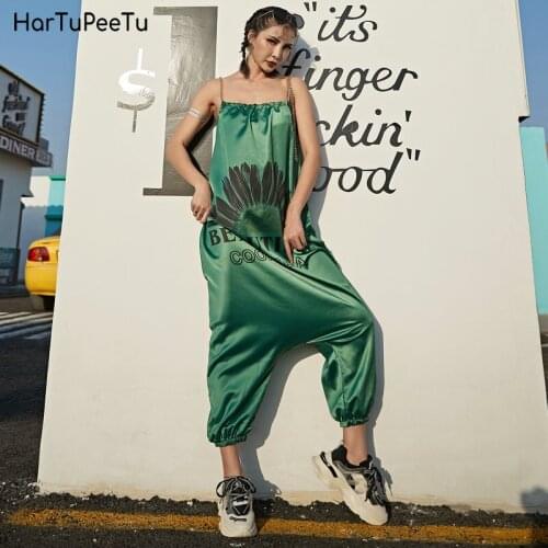 Jumpsuit Women Summer 2020 With Metal Chain Strap Hip Hop Baggy Bib Pants Mujer Drop Crotch Overalls Floral Letter Print Trouser