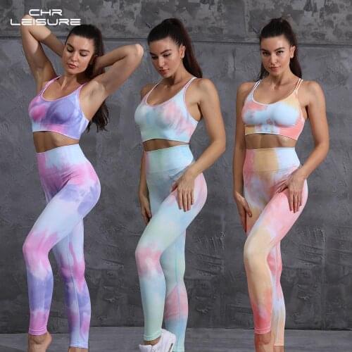 CHRLEISURE Women Outfit Suit for Fitness Seamless Knitted Tie-Dye Sportswear High Waist Skinny Women Tracksuit 2 Piece Set