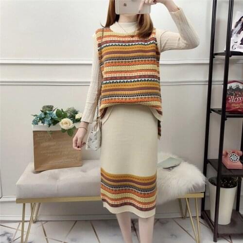 Ladies Vest Knit Suit 2020 Autumn And Winter Round Neck Loose Pullover Sweater + Slim Skirt Womens Sportswear 2-Piece Set