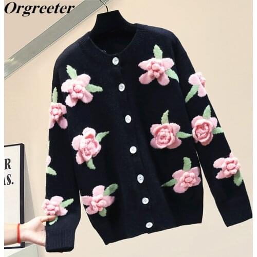 2021 Autumn Winter Embroidery Floral Knitted Cardigan Women Loose O-neck Long Sleeve Sweater Vintage Outwear Tops Black Sweater
