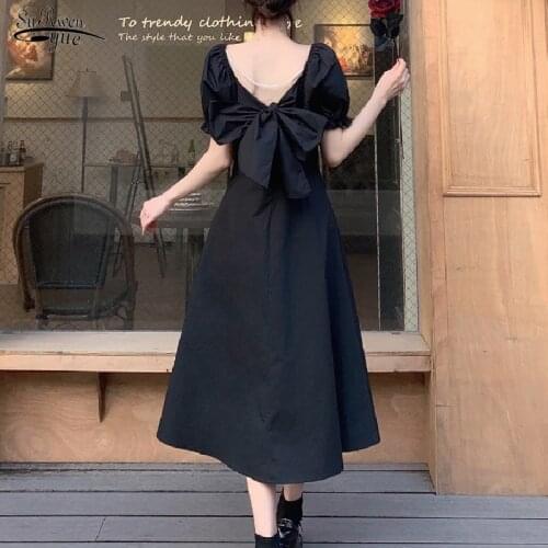 Summer Vintage Black Dress Lady Square Neck Bow Holiday Party Slim Dresses Sexy Female Fashion Beading Elegant Dress Robes 15695