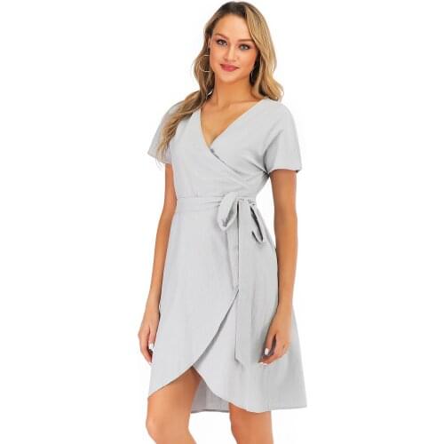 2019 summer women vintage V neck solid pattern dresses gray dress bow tie cross design short sleeve retro vestido