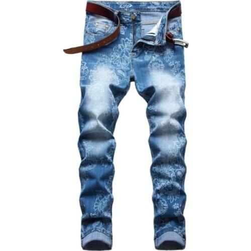 2021 New Fashion Mens Printed Stretch Jeans Spring Blue Skinny Jeans For Men Casual Slim Fit Denim Pants Male Cotton Trousers