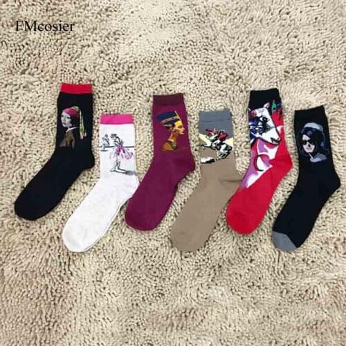 2021 New Fashion Men Cotton Brand Funny Art Calcetines Novelty Socken Pattern Hip hop Cool Socks for Men Winter 6 Pairs/Lot