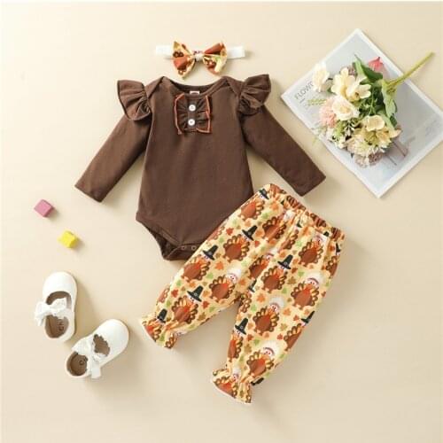 3Pcs Cute Infant Thanksgiving Outfits Fresh Romper Elastic Cartoon Turkey Pants Hairband Toddler Girl Sets