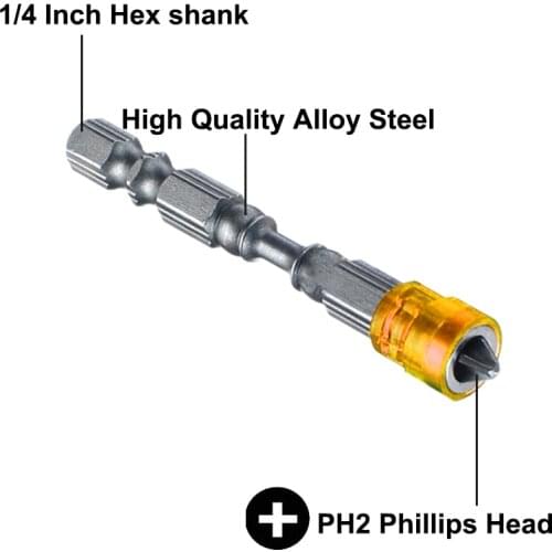 65mm PH2 Phillips Magnetic Screwdriver Bits S2 Steel Cross Head Screw Hex Magnet Driver Bit Kit Holder Ring