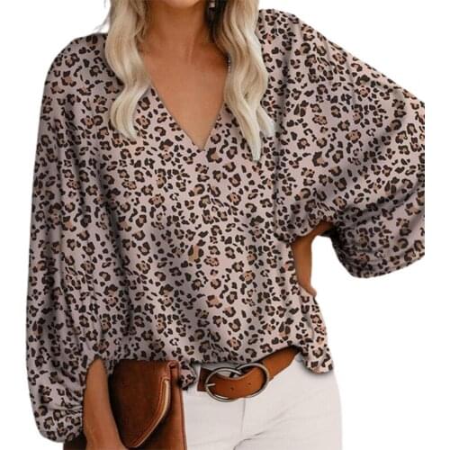 80%HOT Fashion Women Blouse V Neck Printed Long Lantern Sleeve Loose Blouse Top for Office