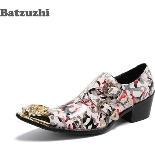 Batzuzhi 6.5cm High Heel MenS Shoes Pointed Metal Tip Color Genuine Leather Dress Shoes Lace-up Zapatos Hombre Party Shoes Male