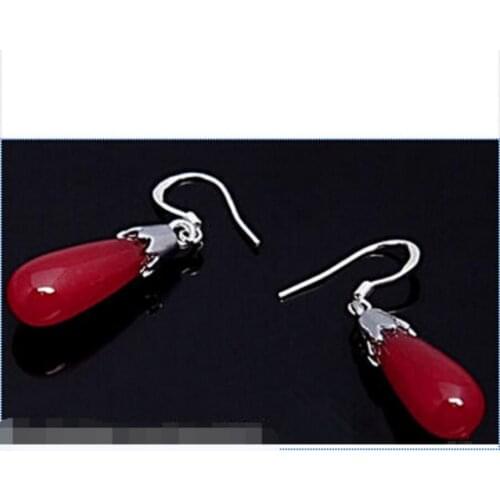 Free Shipping Charming Natural Red 925 Sterling A Hook Teardrop Dangle Earrings