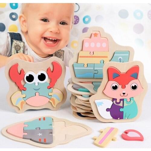 1Set Wooden Puzzle Blocks Interactive Toy Montessori Educational Puzzle Toddlers Sensory Stacking Blocks for Babies Animal Jigsa