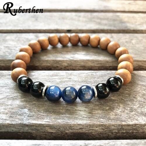 Ruberthen AAA Grade Blue Kyanite Energy Bracelet Black Tourmaline Sandalwood Yoga Bracelet Heart Protection Grounding Bracelet