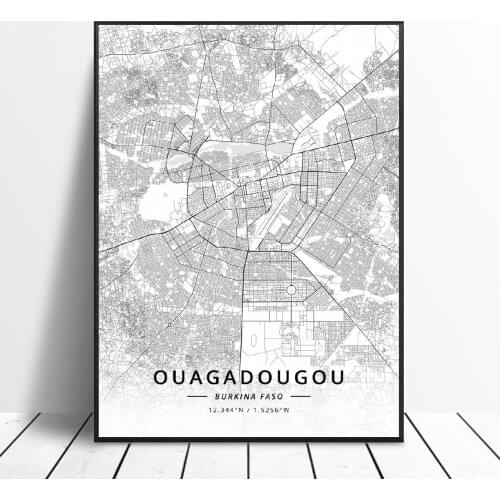 Black and White Ouagadougou Burkina faso Latitude Longitude Canvas Art Map Poster