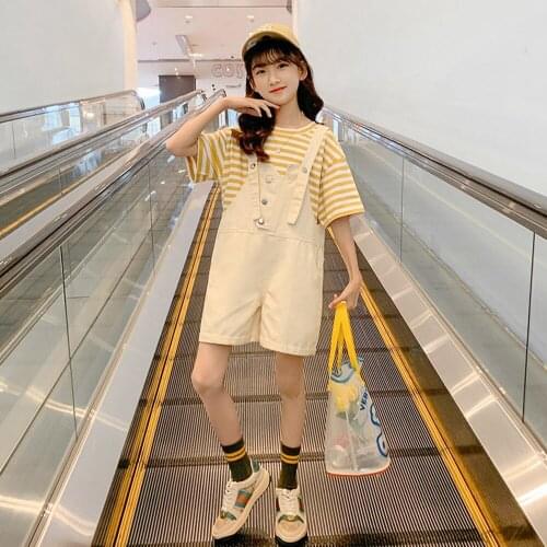 Teens Girls Clothes Sets Kids Short Sleeve Striped T Shirts + Overall Shorts 6-16 Years Children Summer Clothing Girl Sets