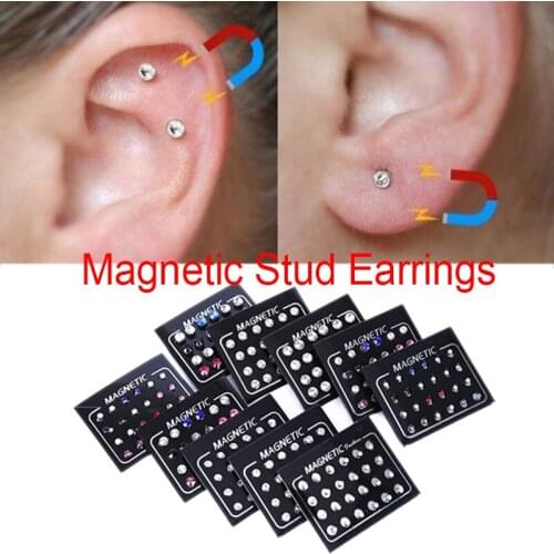 24Pcs/Set 3mm Crystal Round Ear Stud Unisex Stainless Steel Round Magnetic Non-Piercing Clip On Stud Earrings HOT