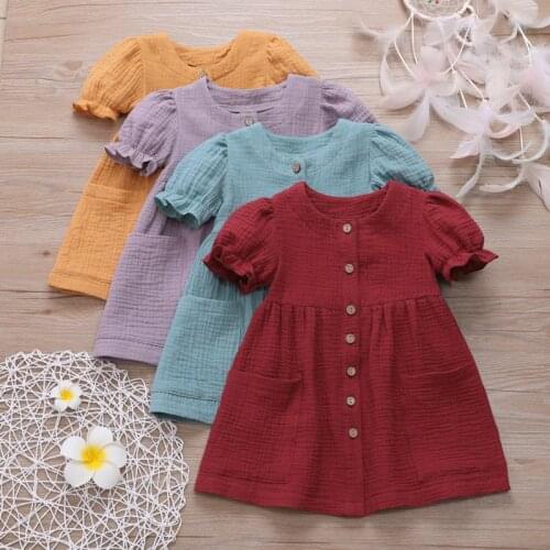 Hot 1-6Y Girls Bowknot Dress Summer Short Sleeve Cotton Linen Clothing Kids Baby Casual Dresses Children Clothes