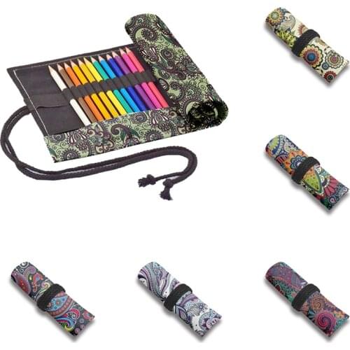 Mandala Printed Girls Canvas Roll Pencil Case 12/24/36/48/72 Holes Student Storage Bag School Drawing Arting Stationery Pen Bag