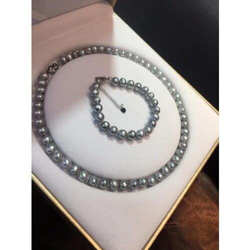 D407 Pearl Set Fine Jewelry Natural 8mm Almost Round Fresh Water Gray Pearls Jewelry Sets for Women Presents