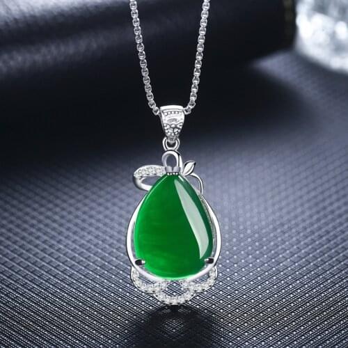 Natural Green Jade Chalcedony Water Drop Pendant Agate 925 Silver Necklace Charm Jewelry Carved Amulet Gifts for Her Women