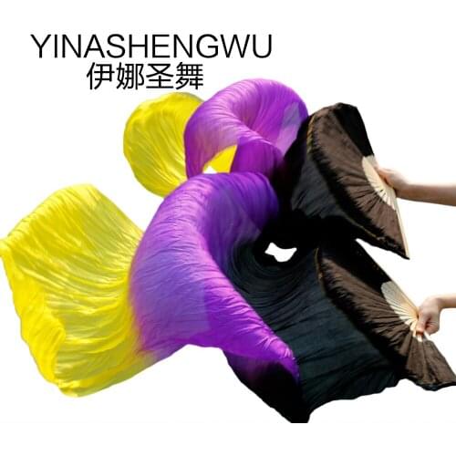 New Arrivals Stage Performance Dance Fans 100% Silk Veils Colored Women Belly Dance Fan Veils (2pcs) black+purple+yellow