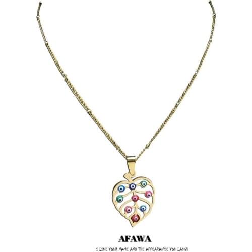 Stainless Steel Colorful Turkey Eyes Leaf Islam Statement Necklace for Women/Kids Gold Color Chain Necklaces Jewelry N5217S04