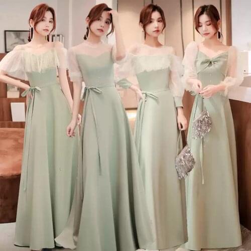 Bridesmaids Dresses Illusion O-Neck Full Off The Shoulder Tulle Pearls A-Line Luxury Light Green Women Wedding Party Gown E526